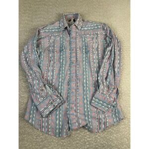 Vintage Ruddock Bros Shirt Mens M Long Blue Western Stripe Pearl Snap USA 90s